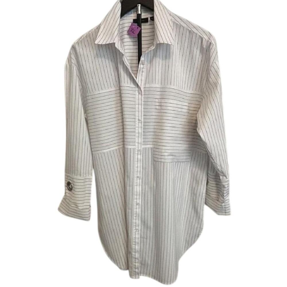 Halogen White Pinstripe Button Down Long Sleeve Oversized Cuff Detail SZ L NWOT